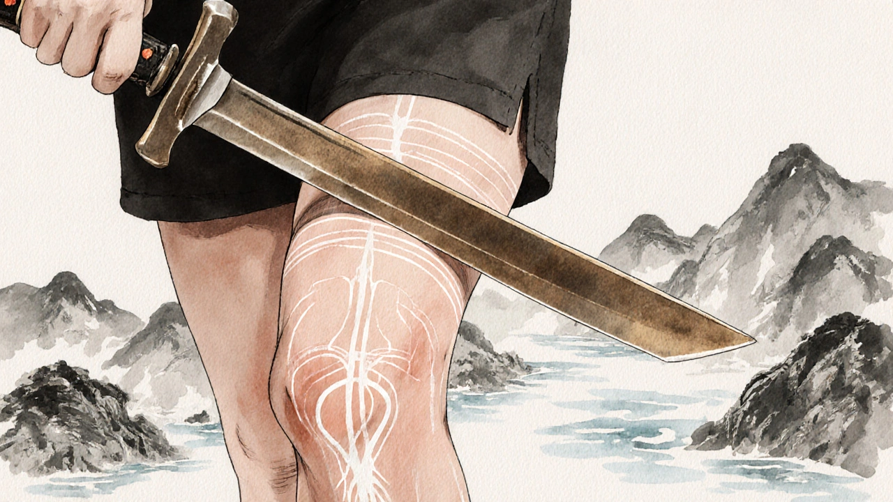 Bronze blade gliding over thigh with faint glowing meridian lines, styled in traditional ink-wash art.