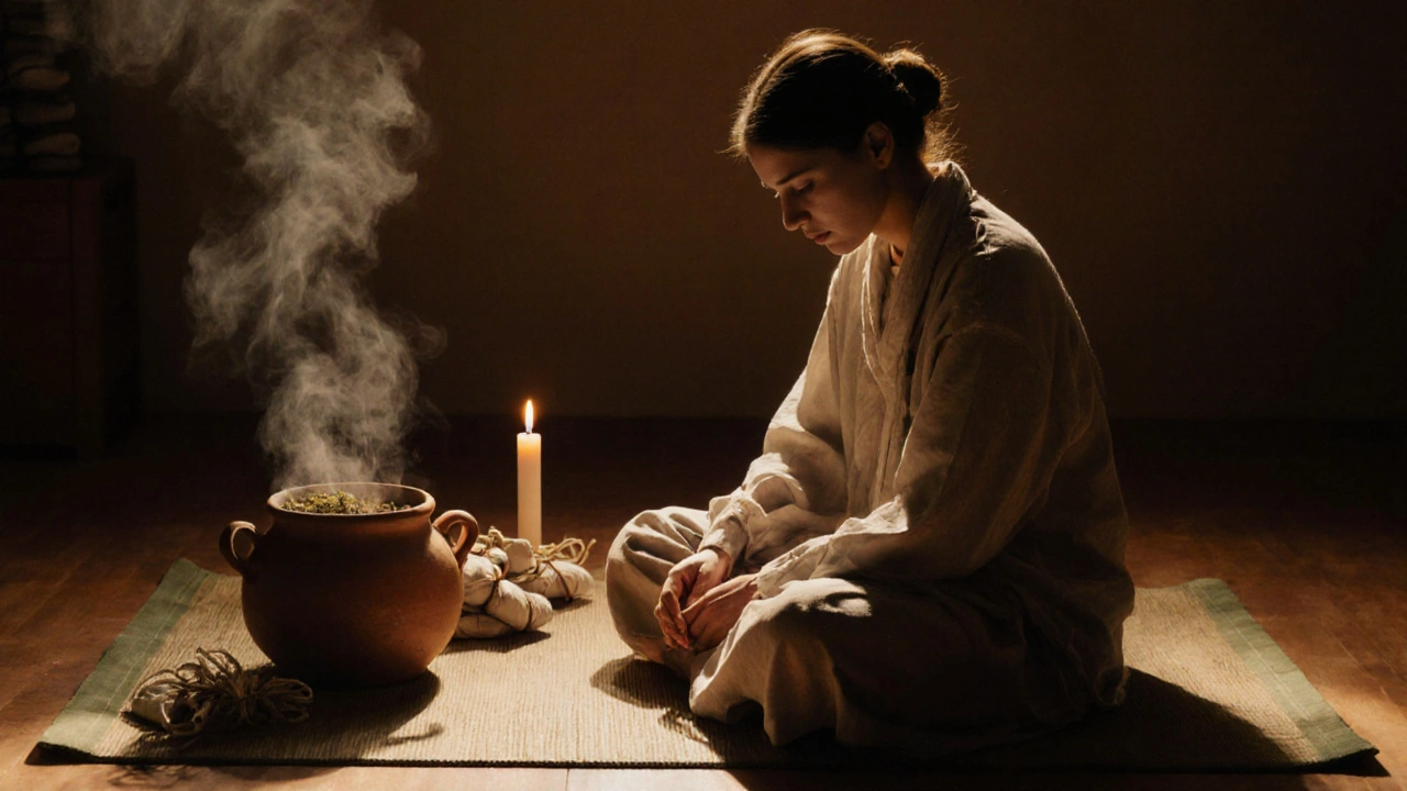 Client sitting quietly after massage, steam rising, candlelight glowing softly.