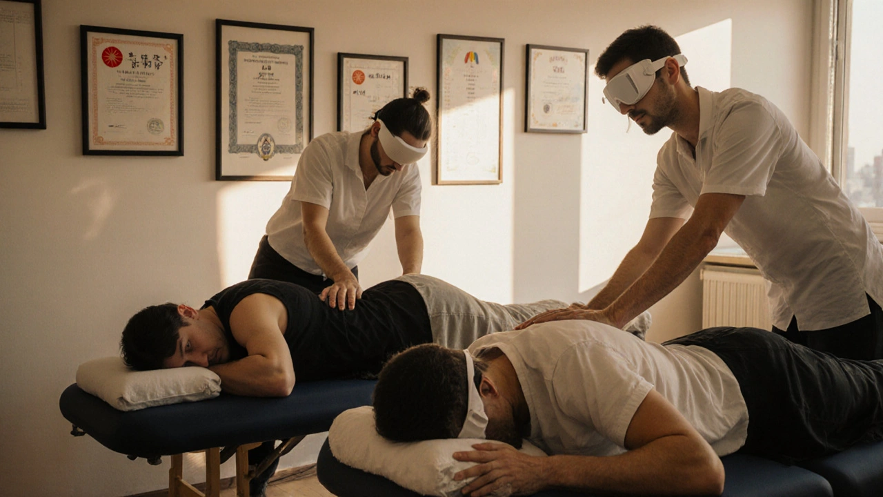 Clients receiving blind massage in a serene clinic with training credentials on the wall.