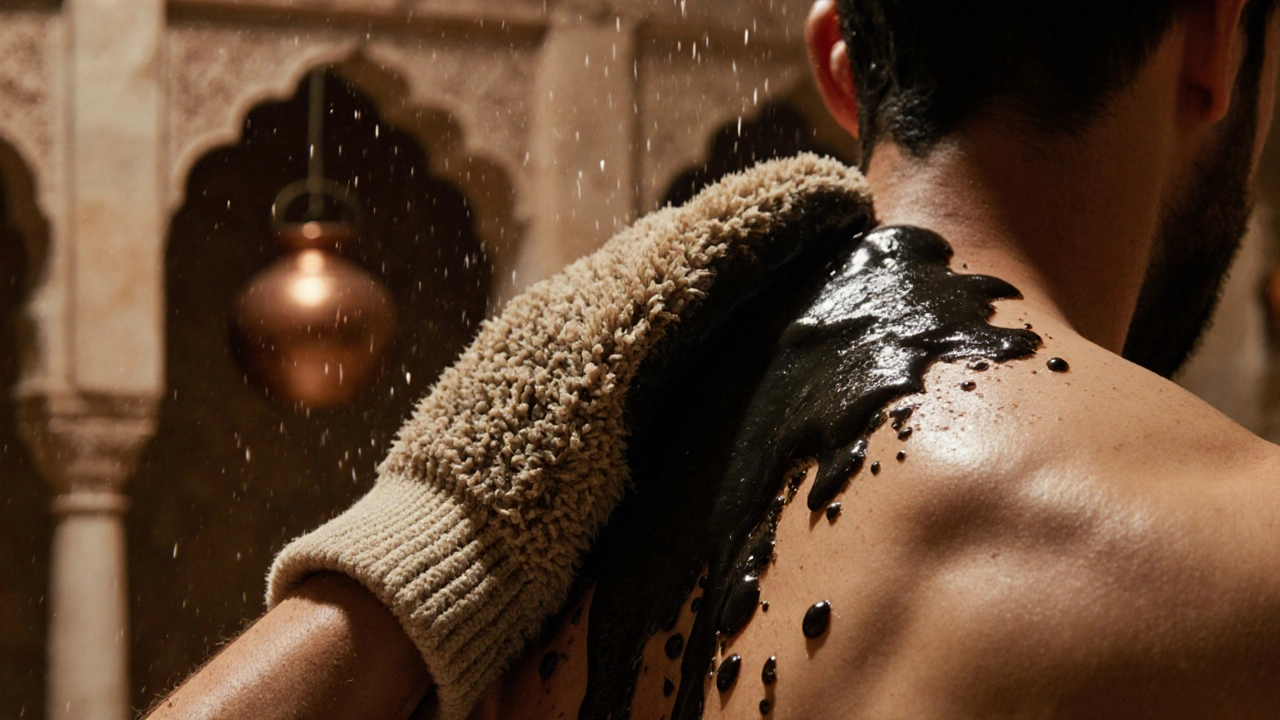 Close-up of a coarse kese glove scrubbing skin covered in natural soap lather.