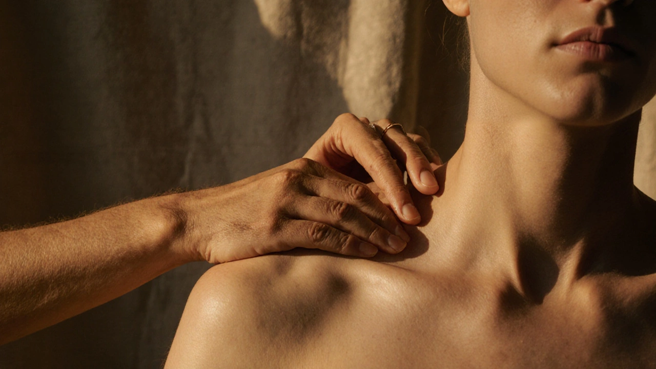 Close-up of a therapist&#039;s fingertips sensing muscle tension on a client&#039;s shoulder.
