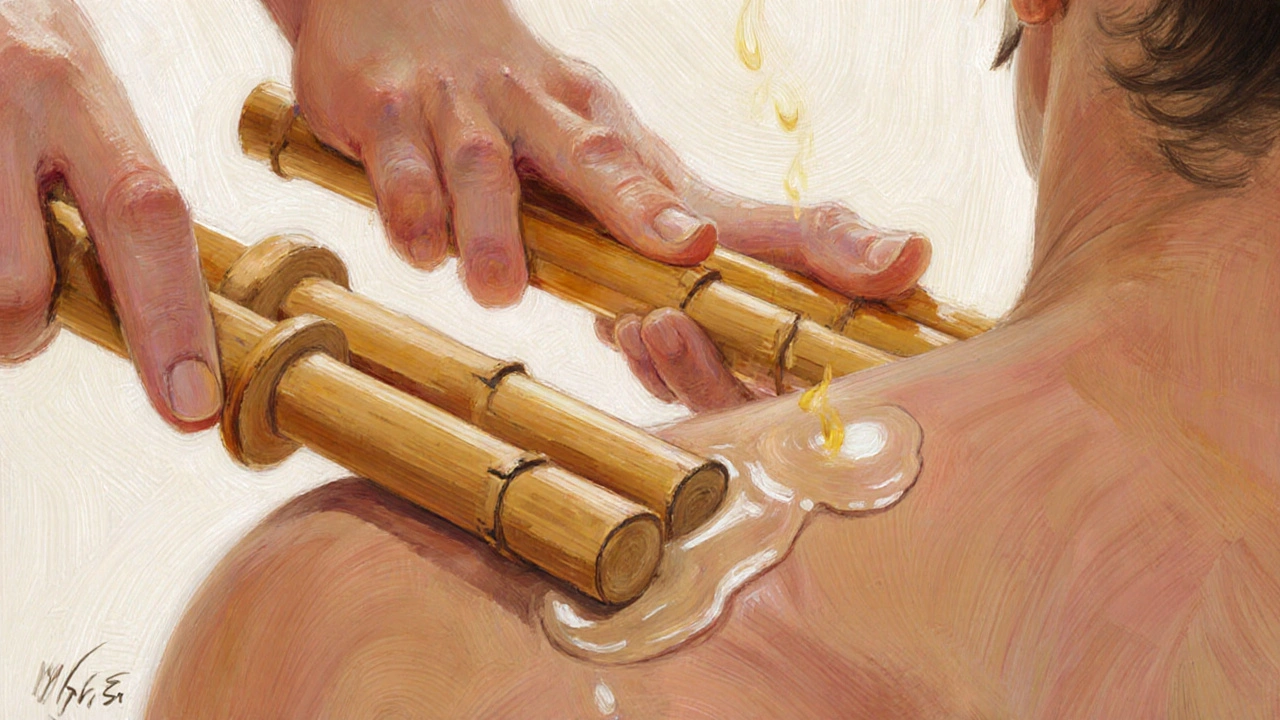 Close-up of bamboo rods gliding over tense shoulder muscles with oil sheen and heat waves.