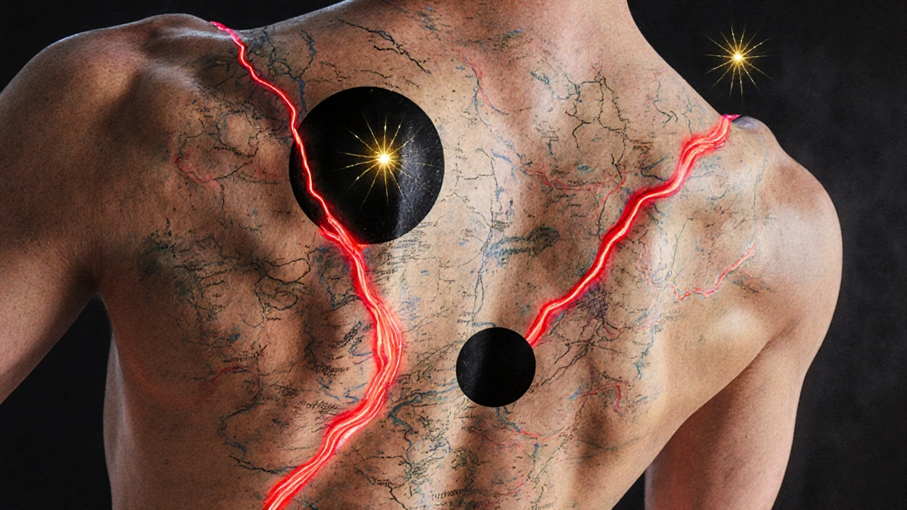 Conceptual back illustration showing cupping marks as glowing rivers of blood and light.