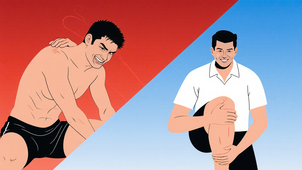 Contrasting image of deep tissue massage on one side and gentle ortho-bionomy on the other, showing different approaches to injury recovery.