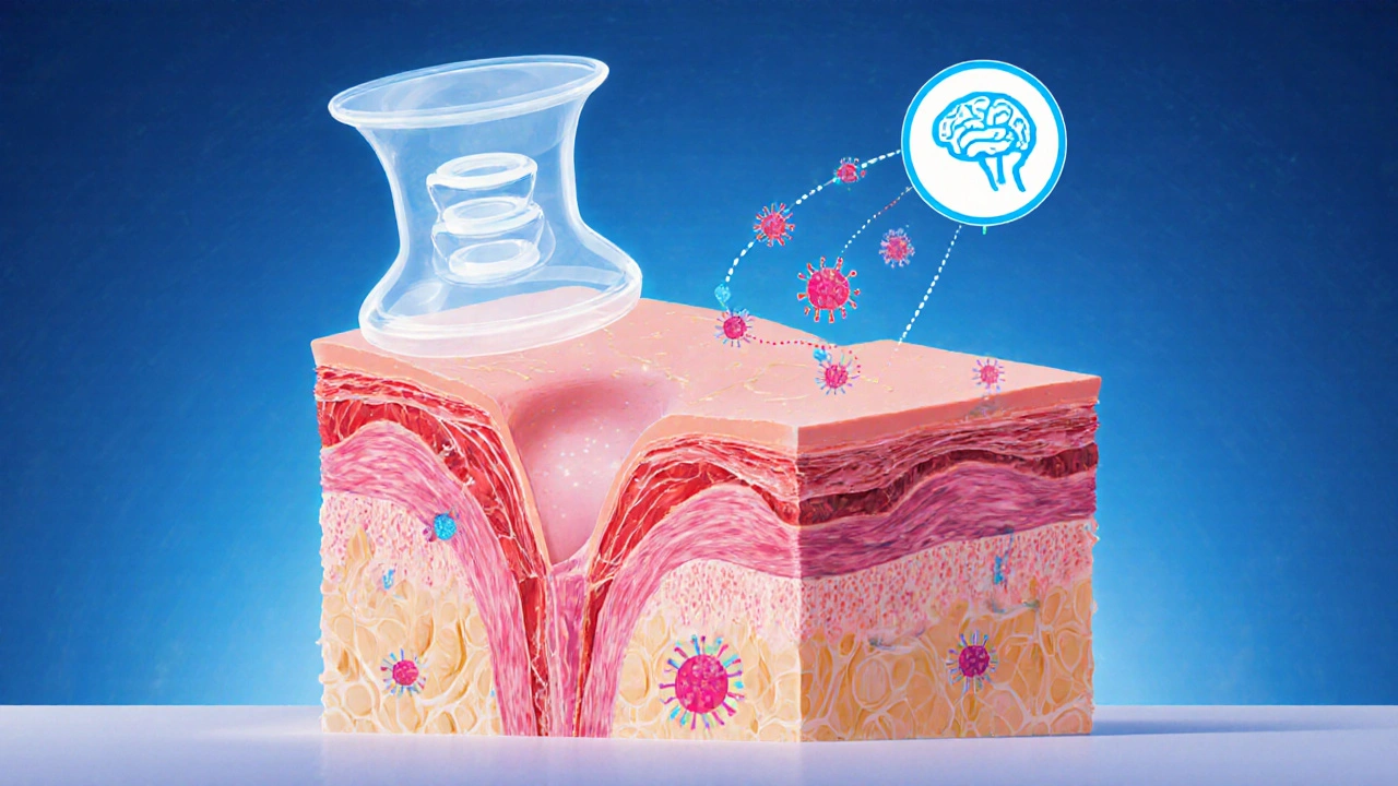 Cross-section of skin and muscle with enhanced blood flow and immune cells responding to cupping suction.