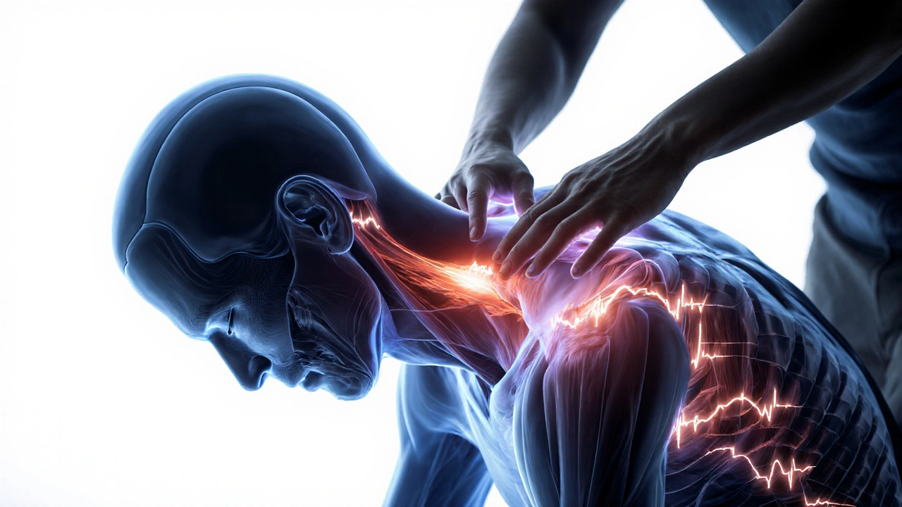 Cross-sectional illustration showing muscle tension releasing in neck and shoulders during massage with calming energy waves.