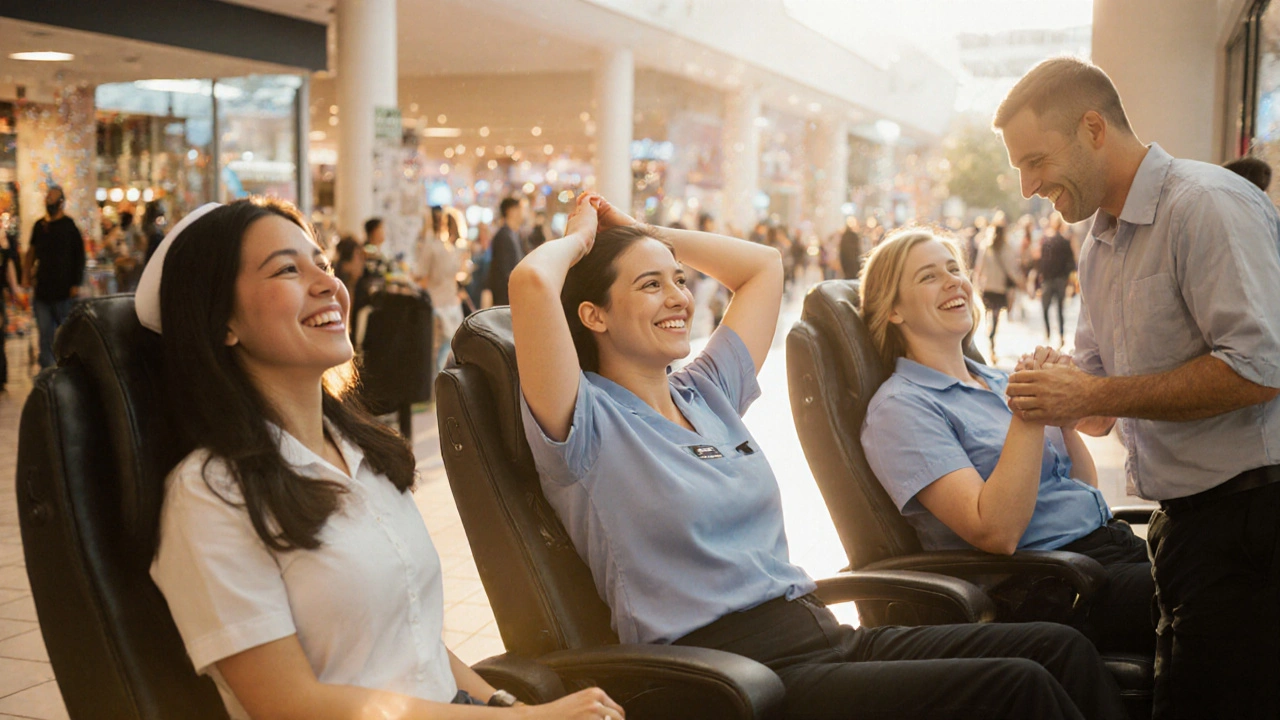 Diverse group of professionals smiling after receiving chair massages at a pop-up booth in a mall.