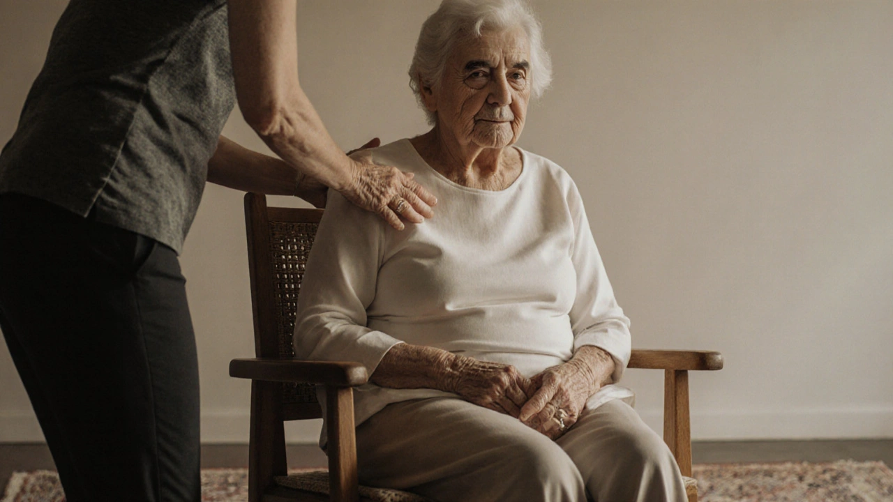 Elderly woman sitting in a chair as a practitioner gently guides her movement with light touch.