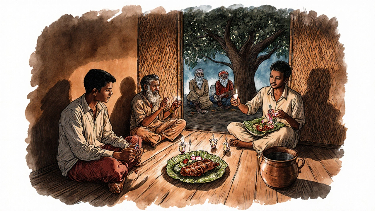 Family sharing a meal on banana leaves by candlelight in a traditional Hakali homestay.