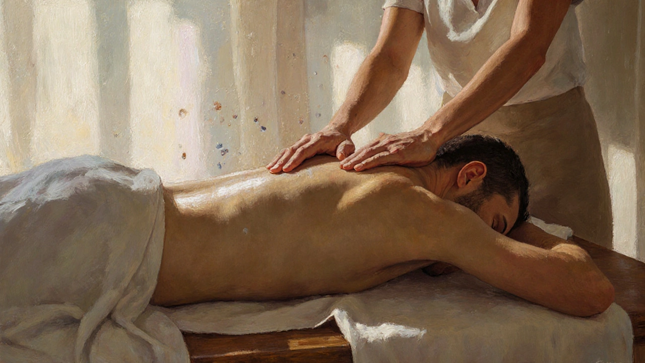 Gentle Esalen Massage session with hands gliding over a person’s back, sunlight and tears conveying deep emotional release.