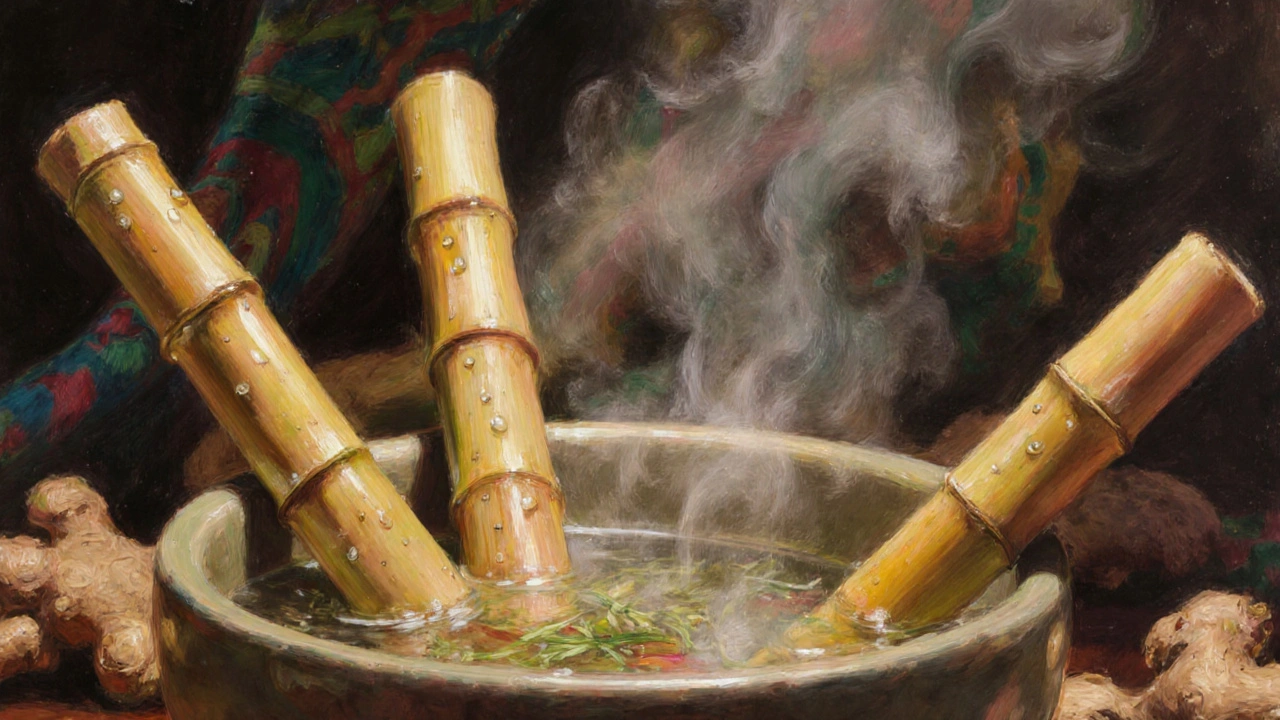Hand-carved bamboo sticks resting in steaming herbal water with natural elements.