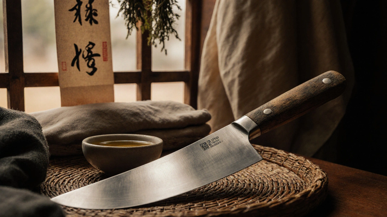 Hand-forged steel knife resting on bamboo tray with herbal oil and cotton tunic.