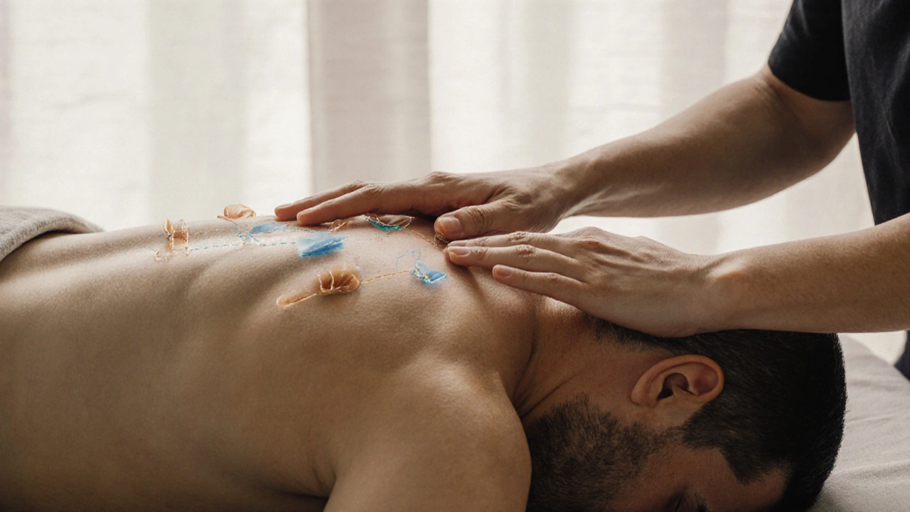 Hands applying light touch to forehead and deep pressure to lower back in a calm therapy setting.