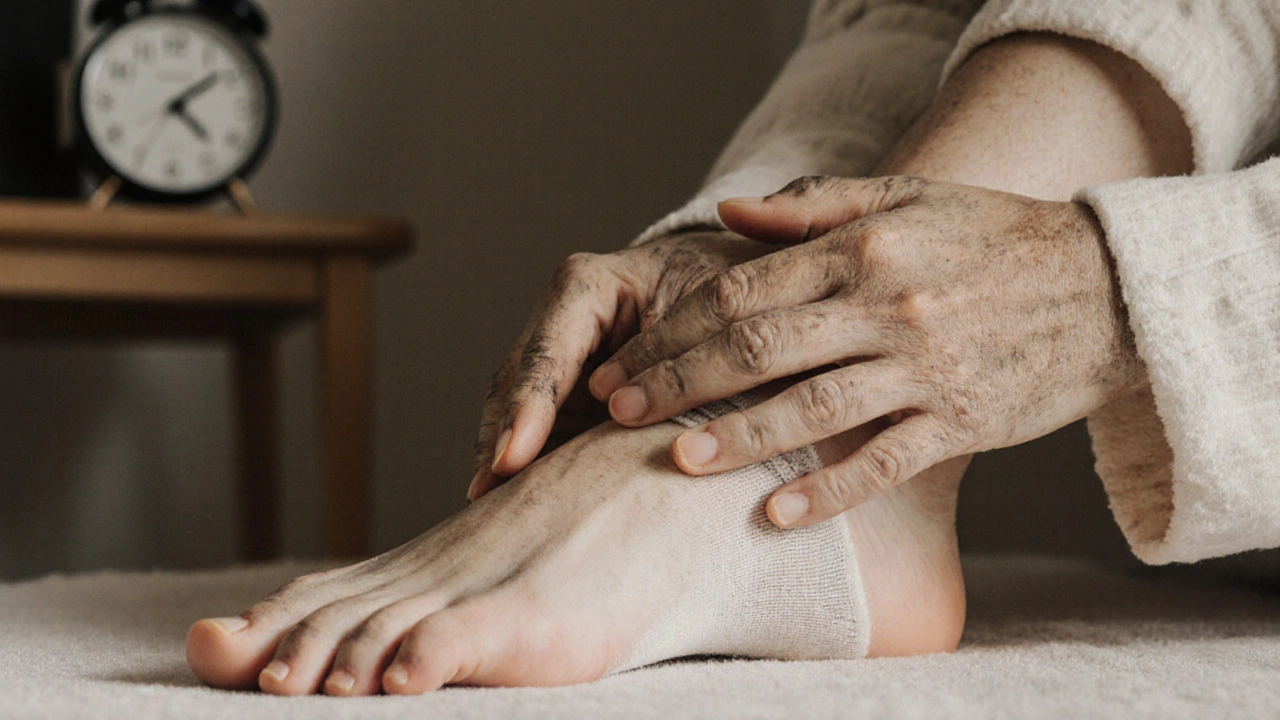 Hands lightly resting on a foot, symbolizing gentle presence and self-care.