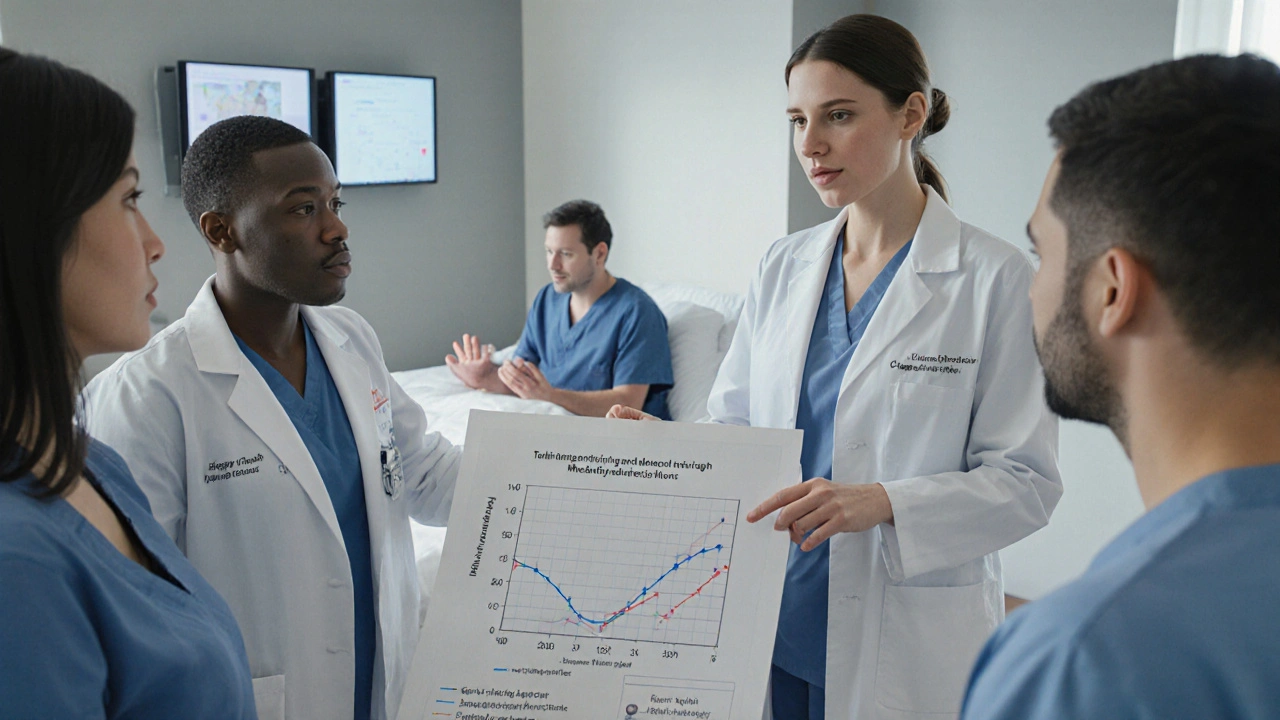 Medical staff review patient data while healing touch is provided in the background of a hospital wing.