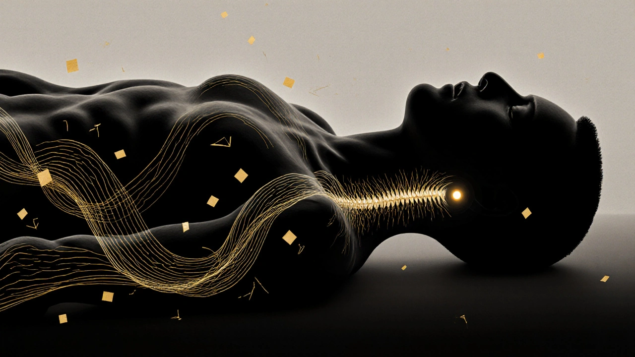 Minimalist illustration showing an abstract snake form flowing along a human silhouette to represent relaxation.