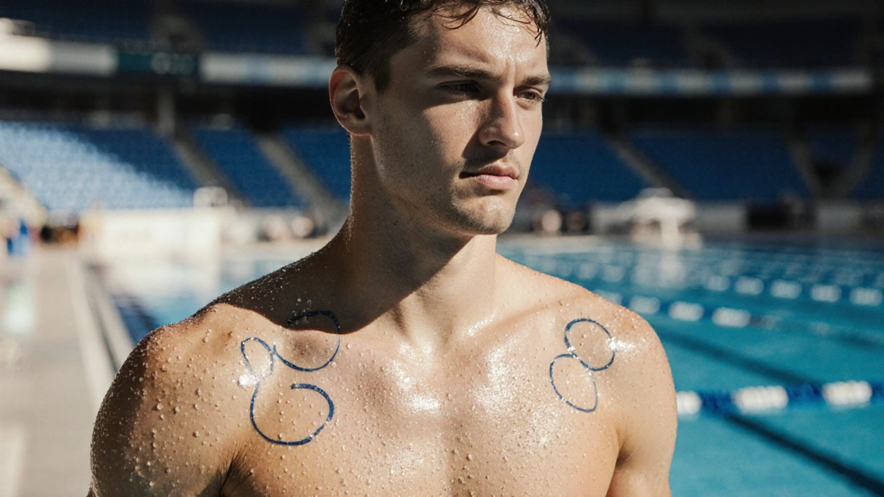 Olympic swimmer with visible cupping marks on shoulders beside a pool, sunlight reflecting off water.