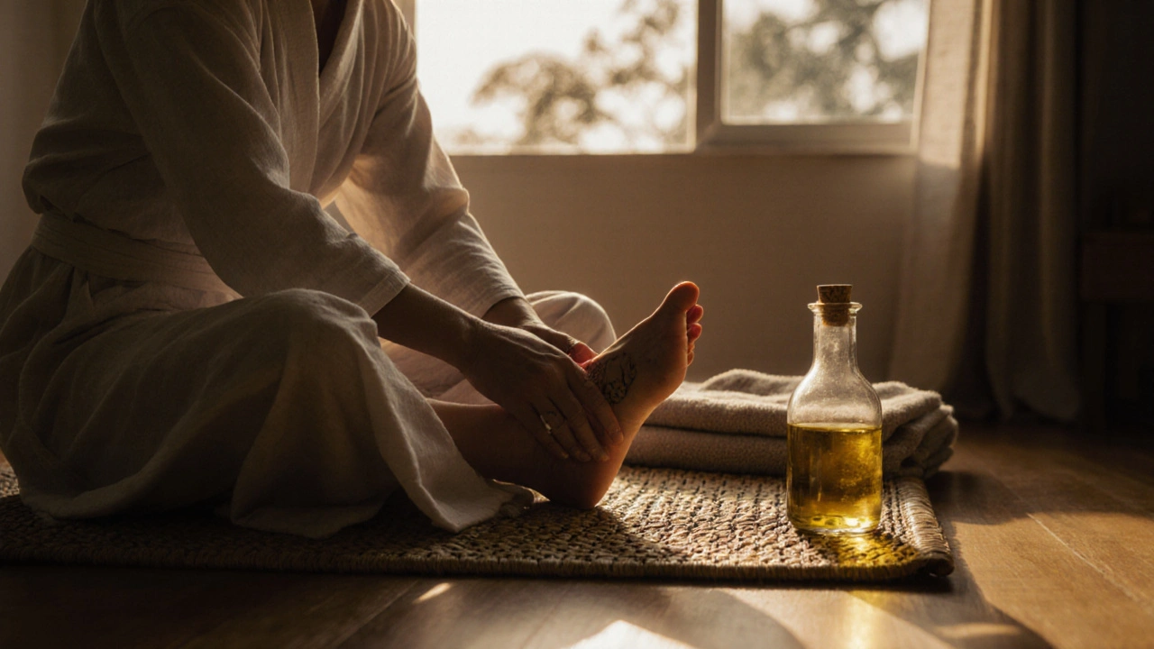 Person gently massaging oil into their feet at home during morning light, wearing loose clothing.