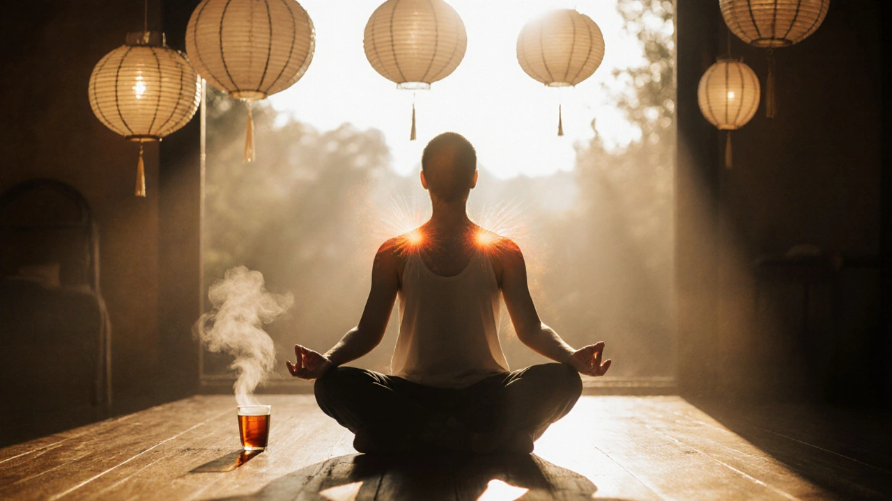 Person in peaceful meditation after knife massage, bathed in warm golden light.