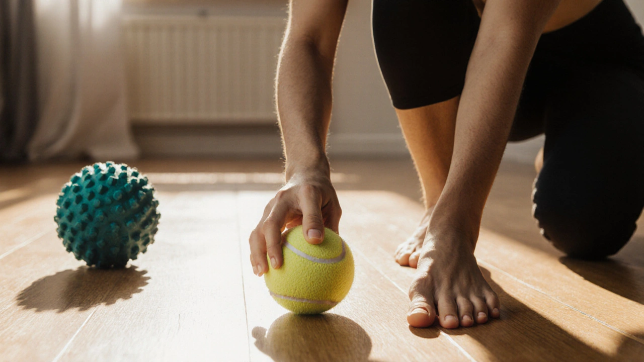 Person using a tennis ball to release tension in their foot during at-home myofascial release.
