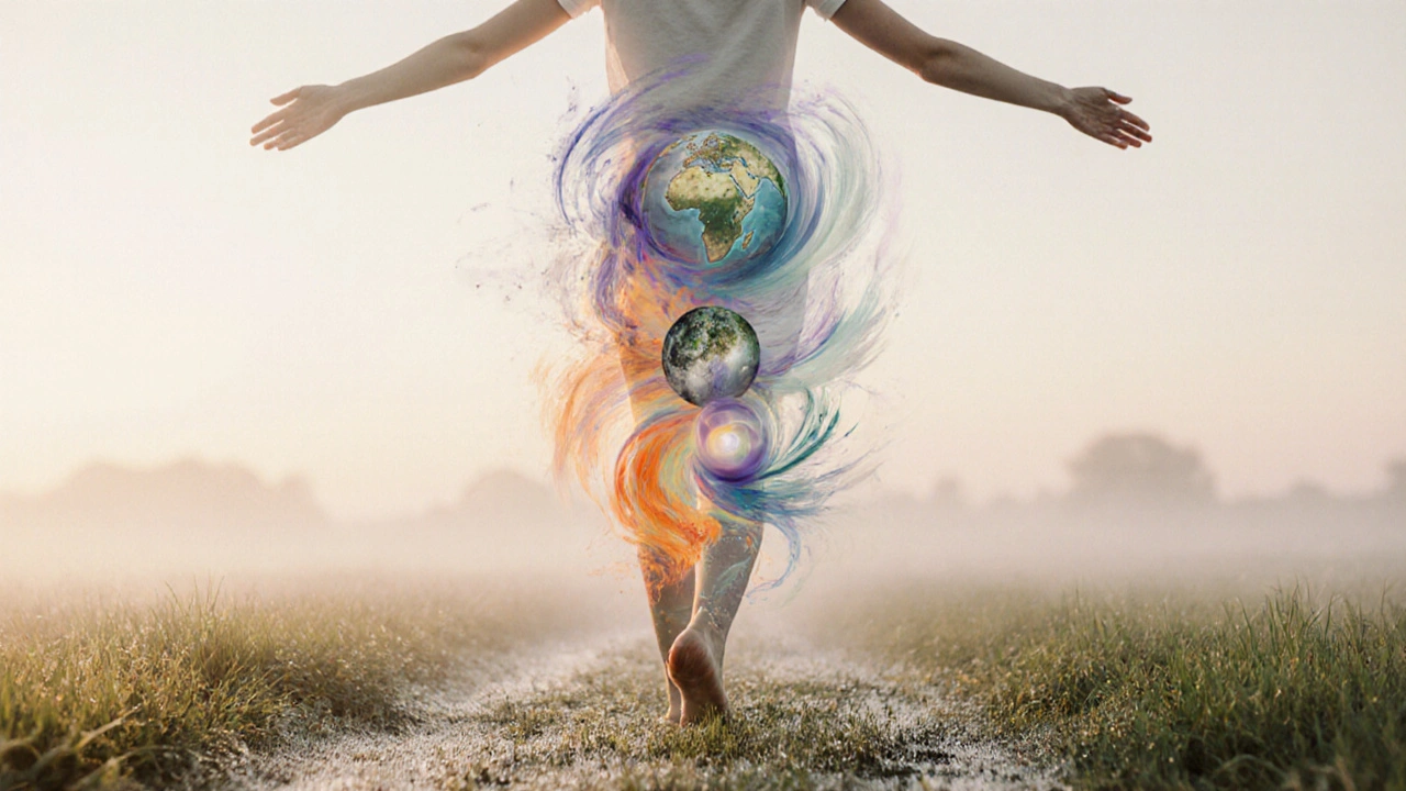 Person walking barefoot on grass at dawn, surrounded by subtle elemental energy patterns.