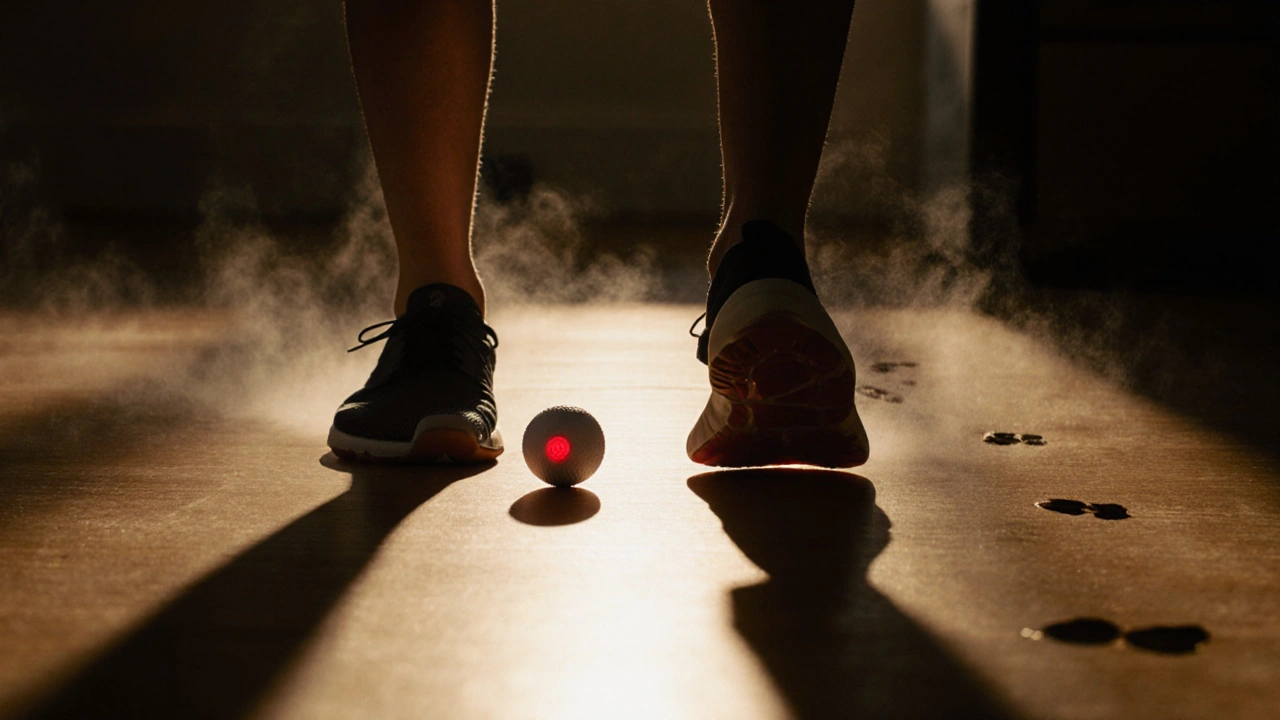 Runner releasing plantar fascia tension with a golf ball at sunrise.