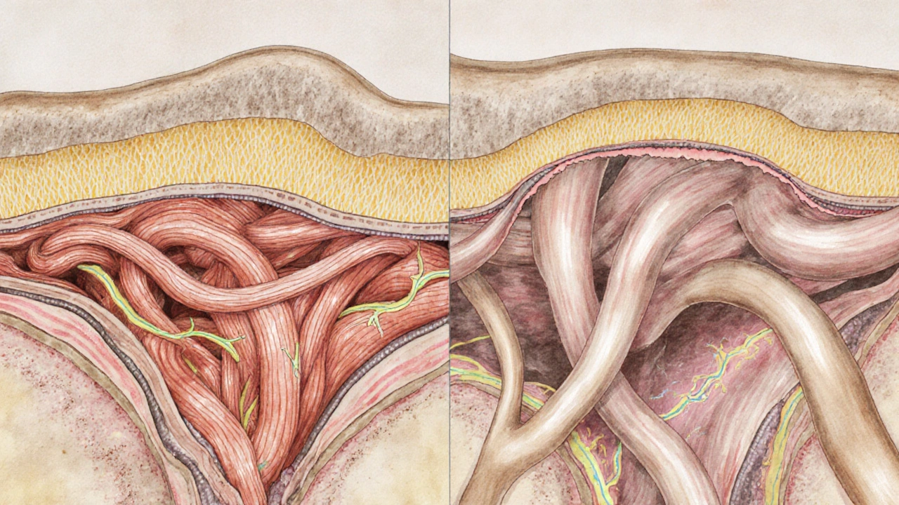 Scientific illustration comparing twisted fascia under stress to relaxed, aligned fascia with glowing pathways of restored communication.