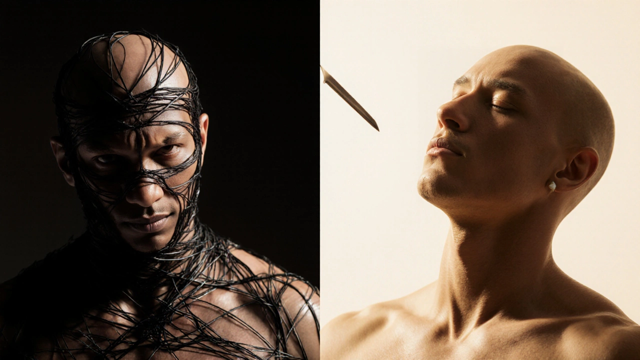 Split image: tense body bound by dark threads vs. relaxed body with blade above skin, symbolizing release.