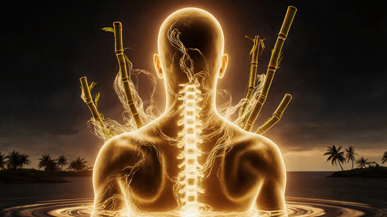 Surreal golden light aura with bamboo sticks extending from a human silhouette.