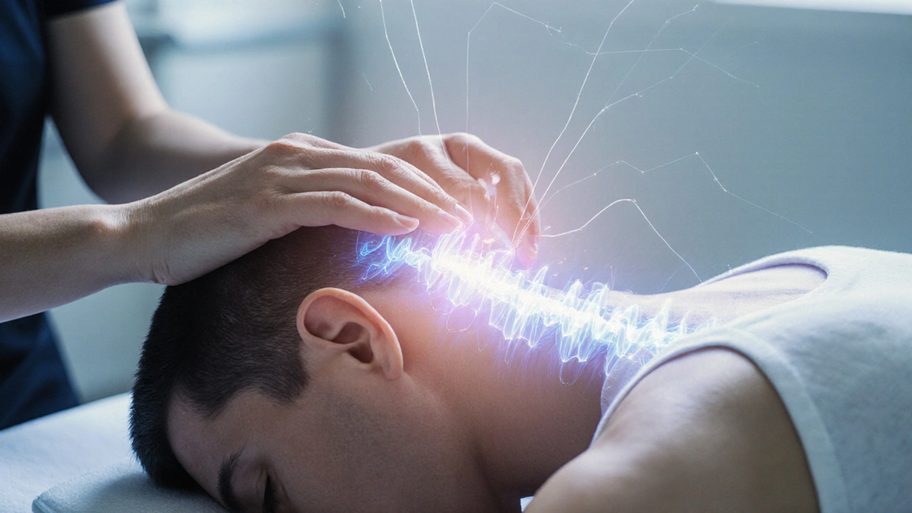 Therapist&#039;s hands lightly resting on a person&#039;s skull and spine with a subtle wavelike glow representing cerebrospinal fluid.