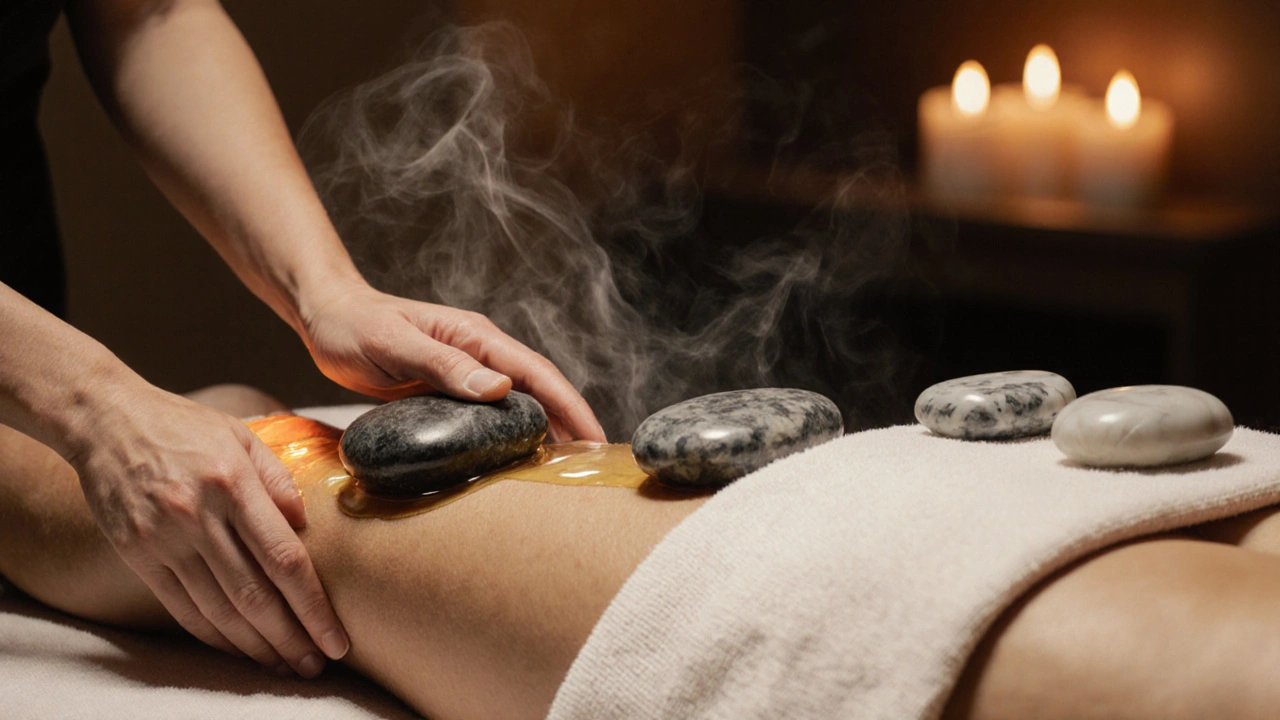 Therapist&#039;s hands moving a heated stone down a leg, with cool marble stones nearby, oil glistening on skin.