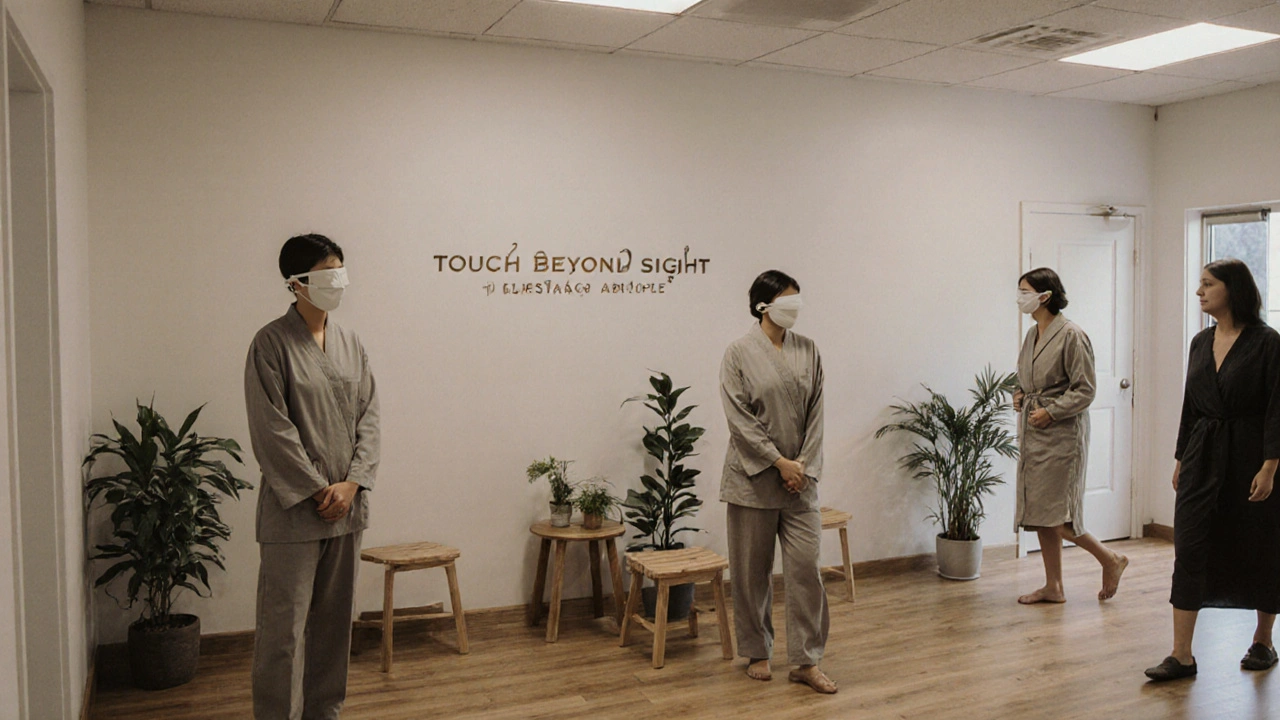 Three blind massage therapists working quietly in a minimalist clinic with wooden interiors.