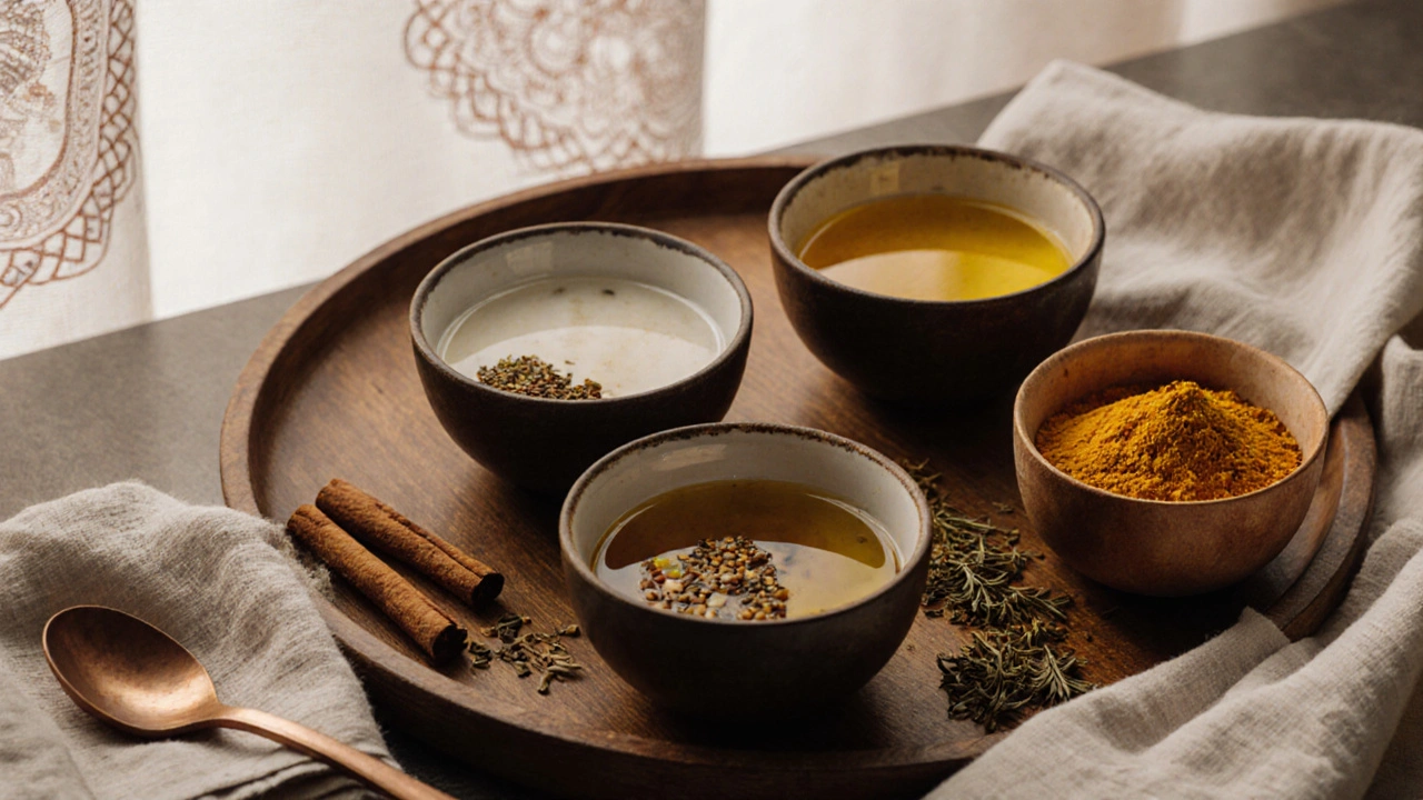 Three bowls of differently colored herbal oils with dried spices, ready for personalized Ayurvedic treatment.