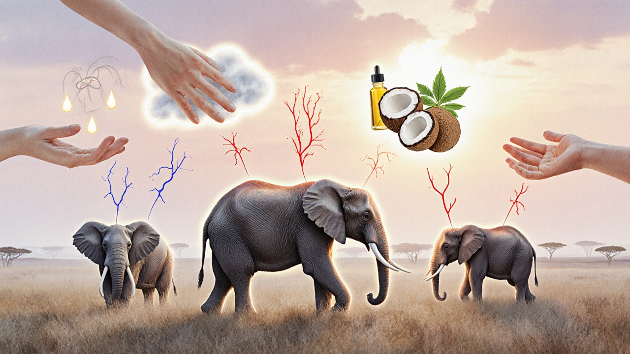 Three elephants connected by glowing touch threads, symbolizing healing, stress relief, and emotional restoration.