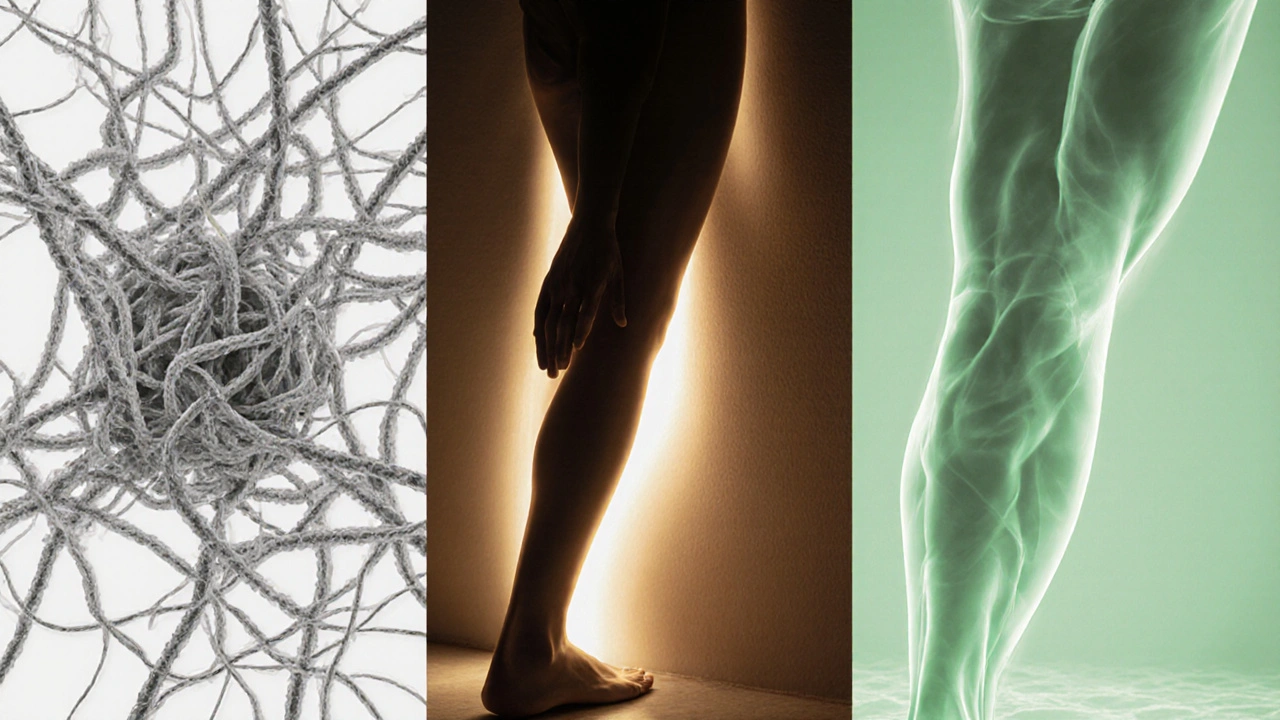 Three-panel visual showing fascia transforming from stiff knots to smooth, glowing tissue through sustained stretch.