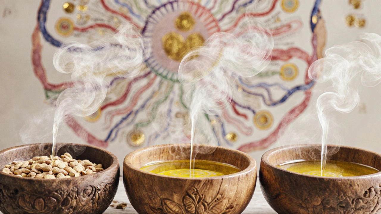 Three traditional ayurvedic oils—sesame, coconut, and almond—in wooden bowls with steam and energy lines subtly visible.