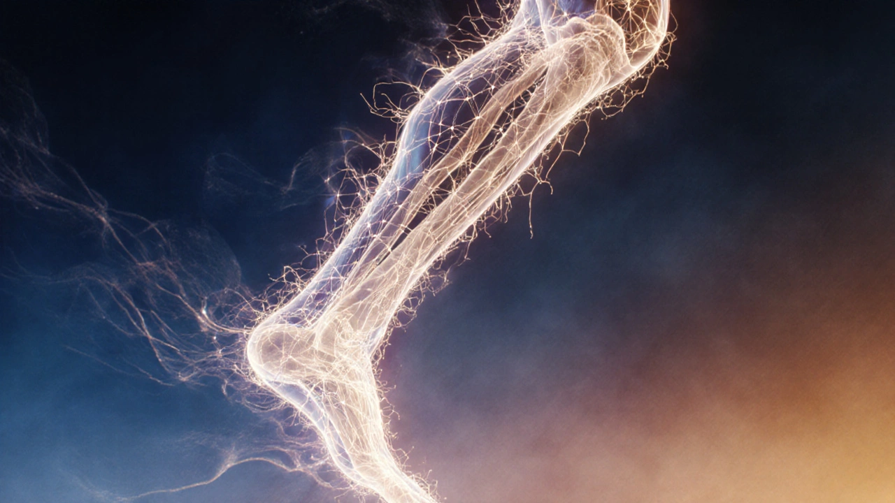 Translucent fascial web glowing as it unwinds along a leg, connecting foot to lower back in flowing fibers.