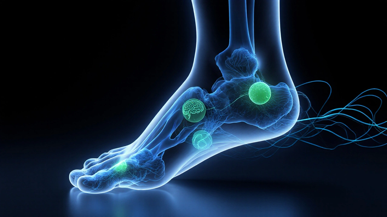 Transparent anatomical map linking foot reflex points to organs with calming energy waves.