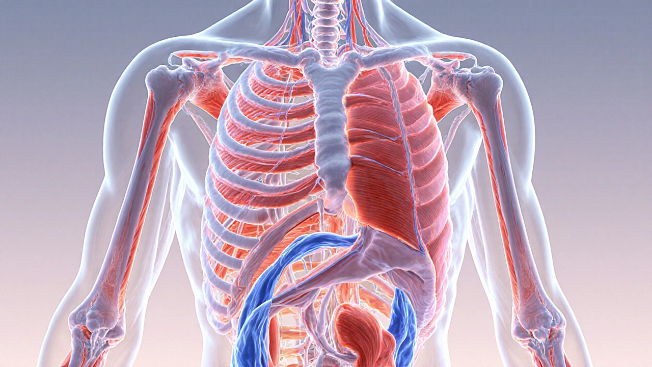 Transparent fascia web surrounding muscles, with tangled areas turning fluid and released.