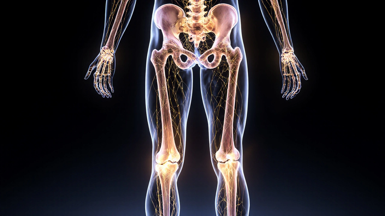 Transparent human body showing golden fascia connections from hip to calf and neck to skull.