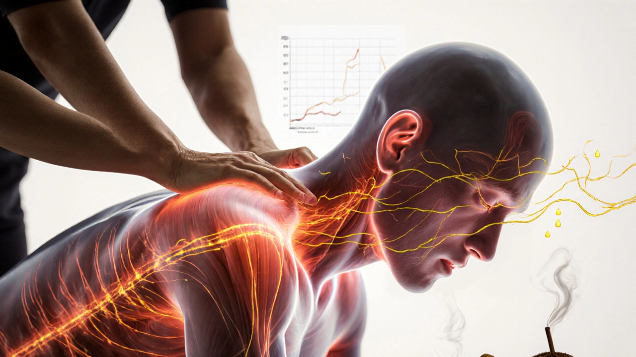 Transparent human figure showing heat and lymphatic flow during massage, with oil droplets and fading stress hormone graph.