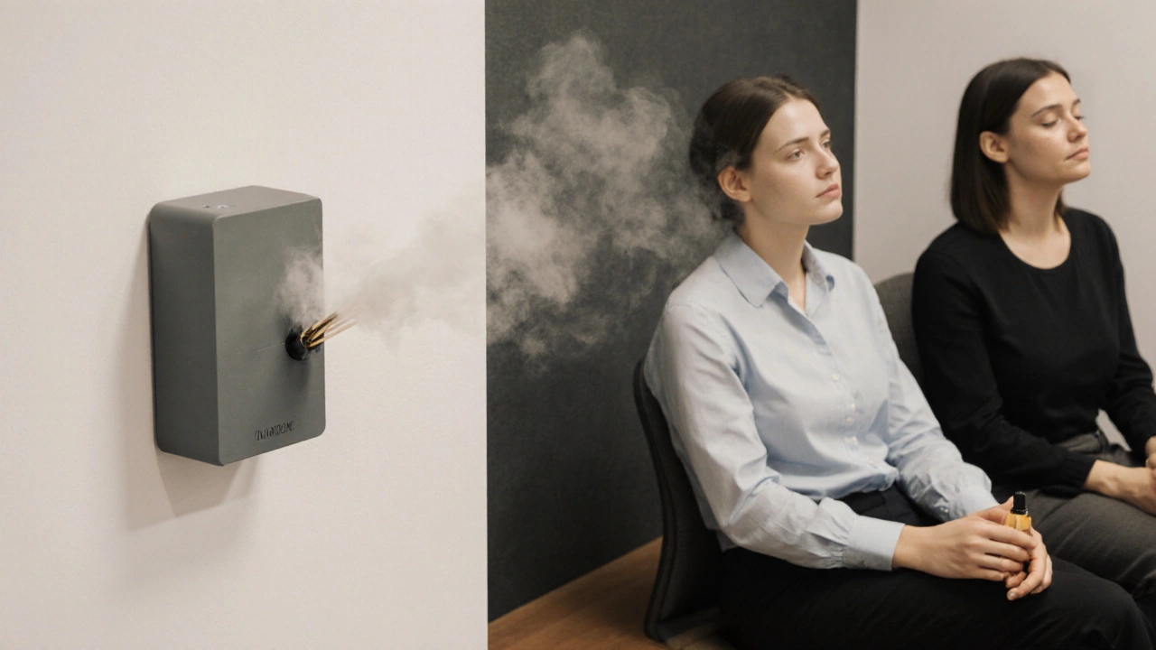 Two employees relaxing in a break room with a wall diffuser emitting frankincense vapor, quiet and serene.