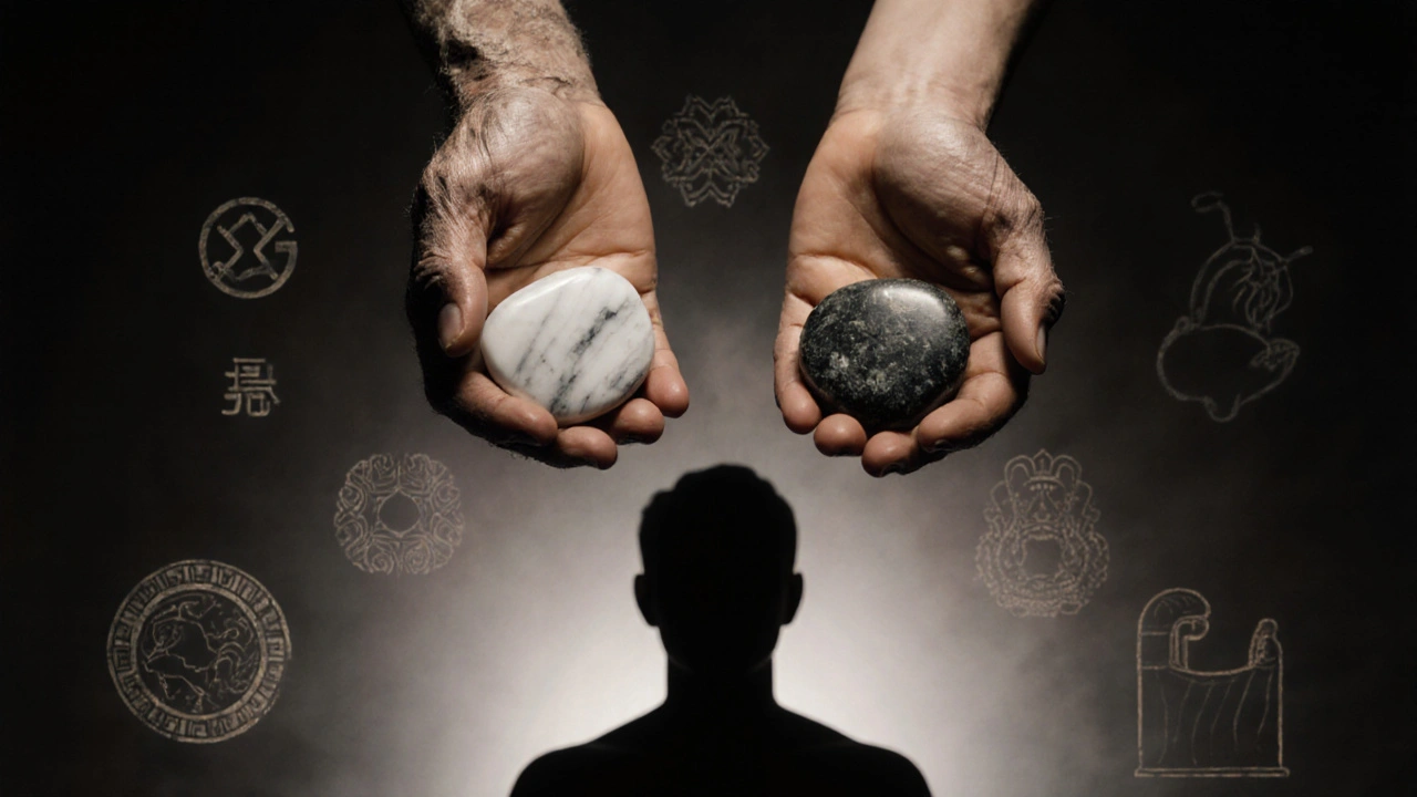 Two stones—one warm, one cool—hovering above a human silhouette, surrounded by faint ancient healing symbols.