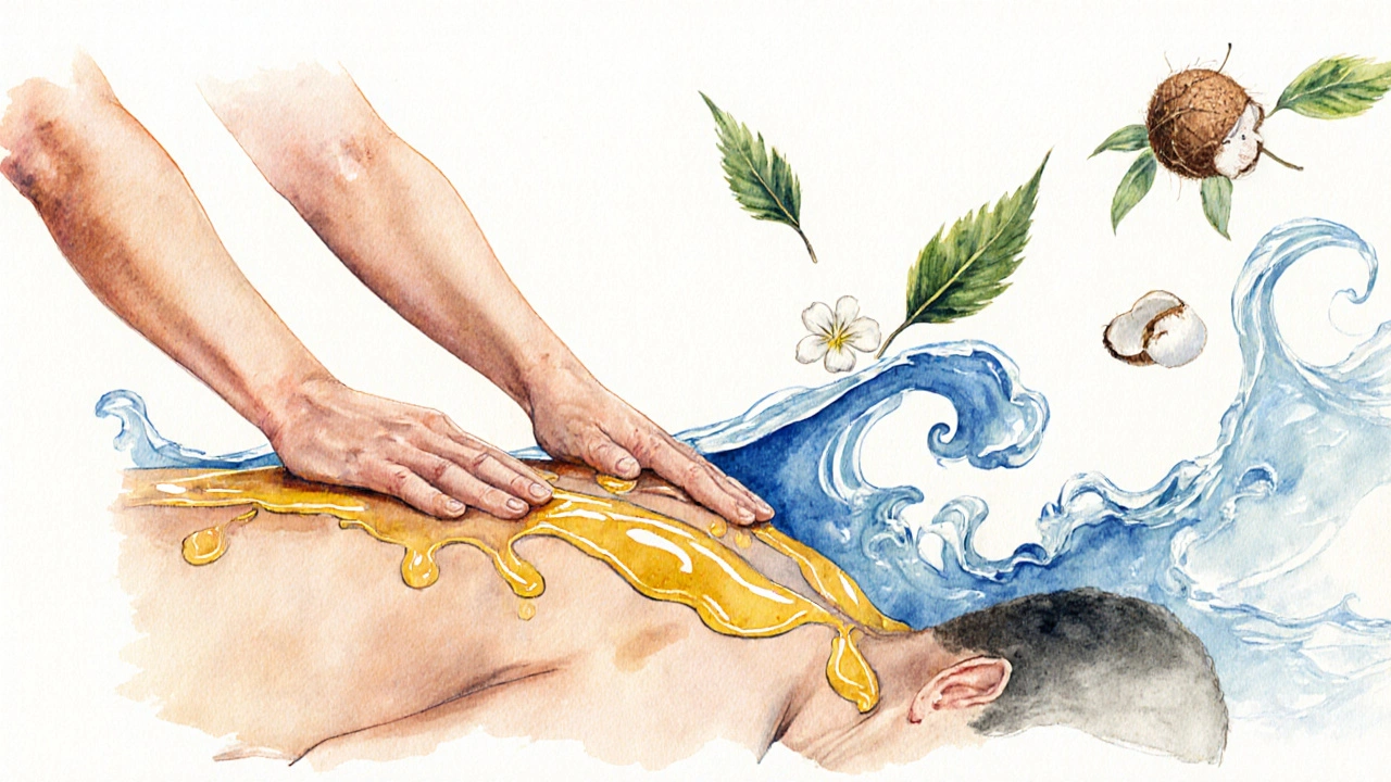 Watercolor depiction of flowing strokes and ocean-like energy patterns during a lomi lomi session.