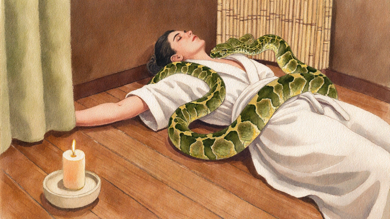 Watercolor scene of a snake coiling gently over a person&#039;s shoulder during a peaceful massage session.