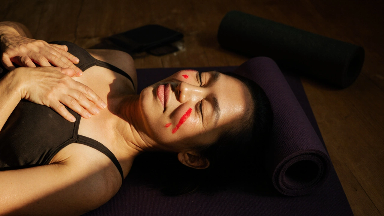 Woman lying peacefully after Thai bodywork, tear on cheek, bathed in soft afternoon light.