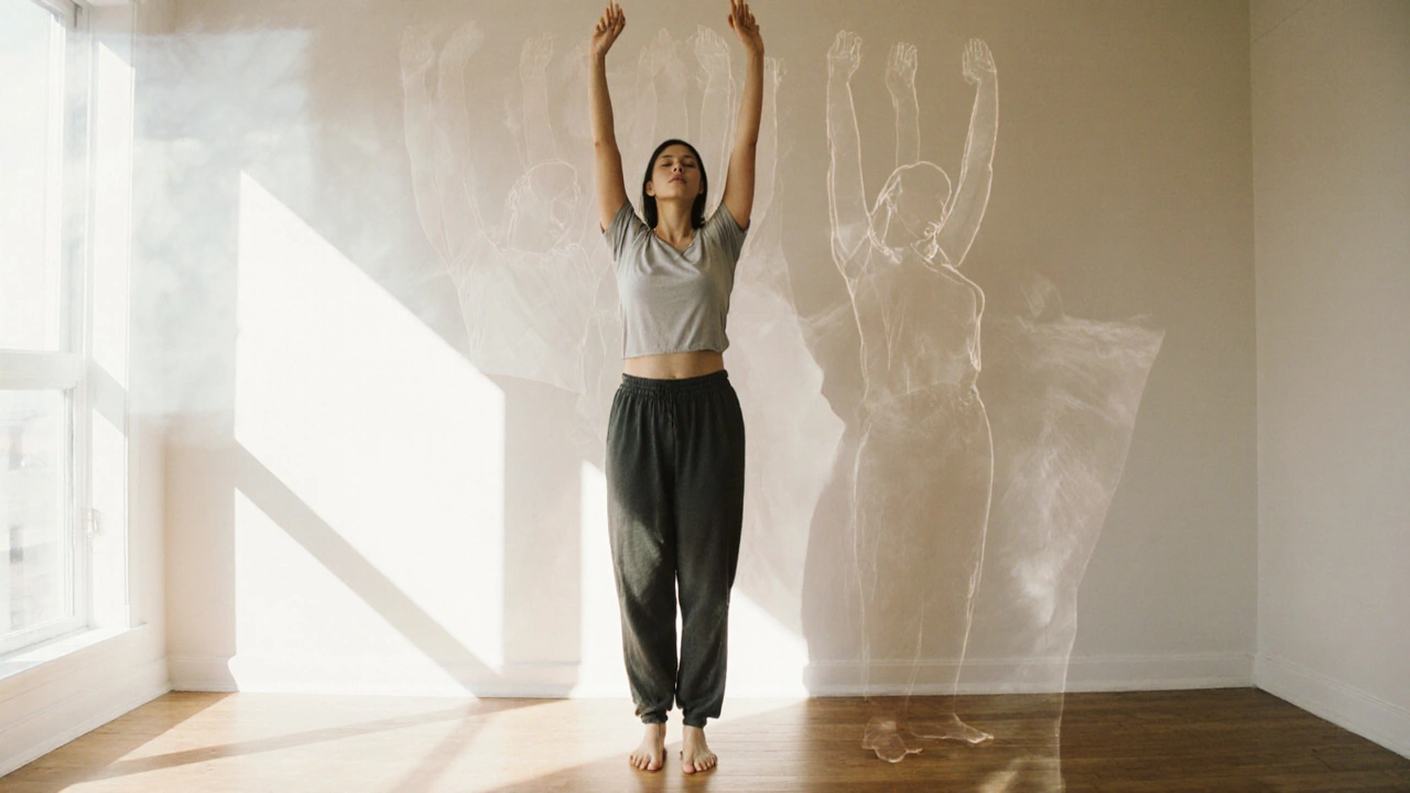 Woman standing tall with arms raised, radiating newfound freedom, as her past posture fades subtly behind her in soft overlay.
