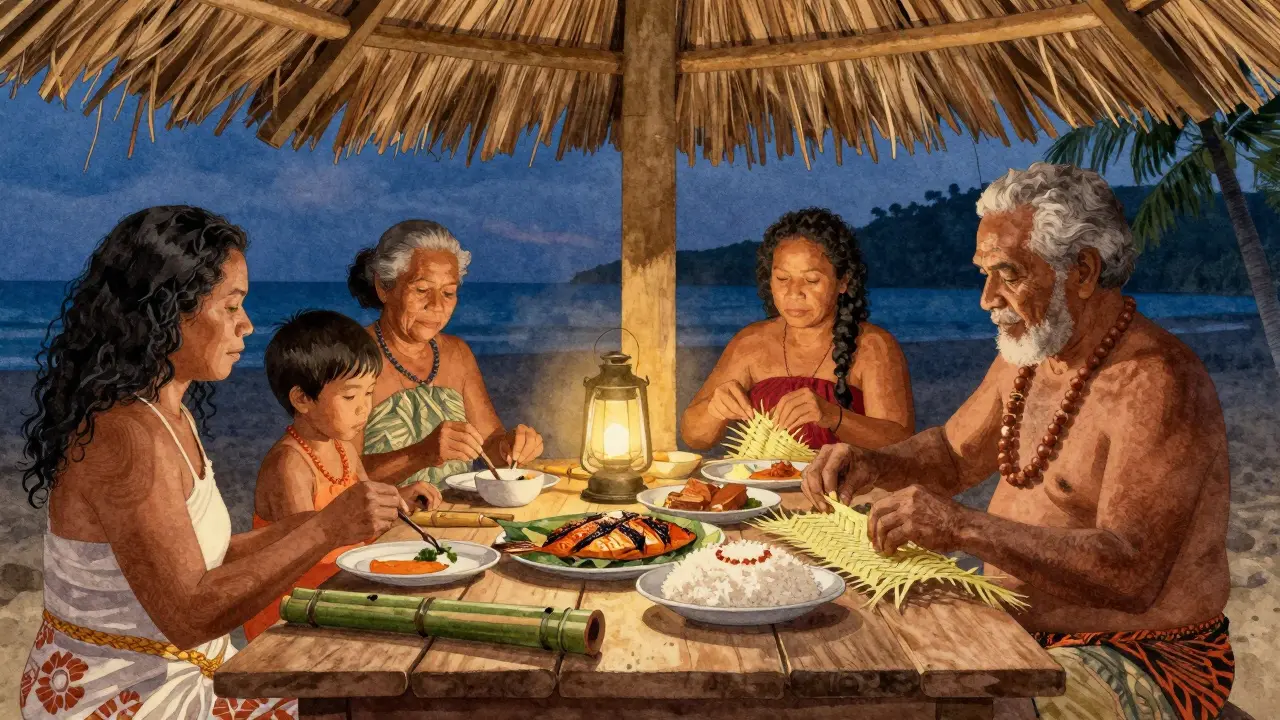 A Fijian family shares a meal under a thatched roof, learning traditional mat-weaving at dusk.