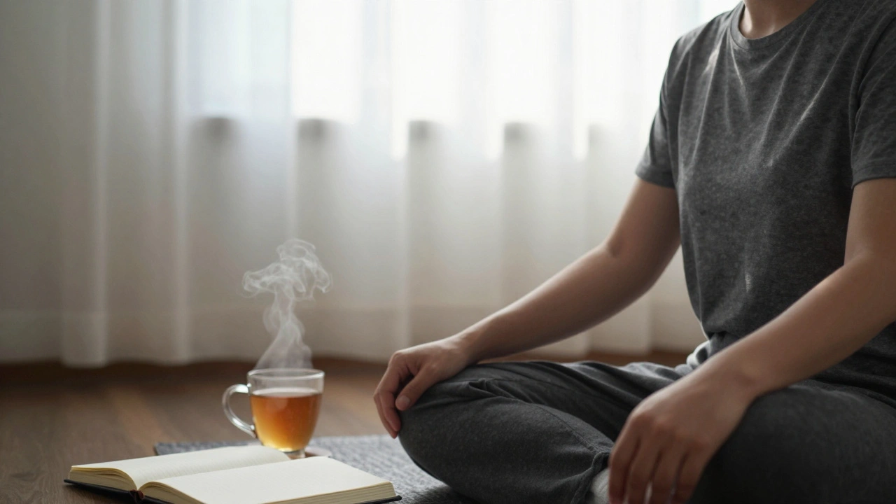 A person sitting quietly after a Reiki session, eyes closed, with a tear on their cheek and morning light streaming in.