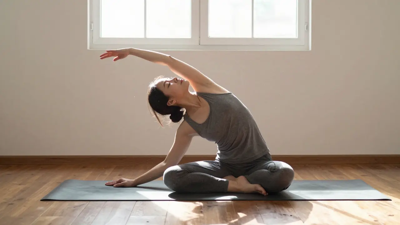 A person slowly sweeping their arm overhead in a simple, mindful Self-Breema movement at home.